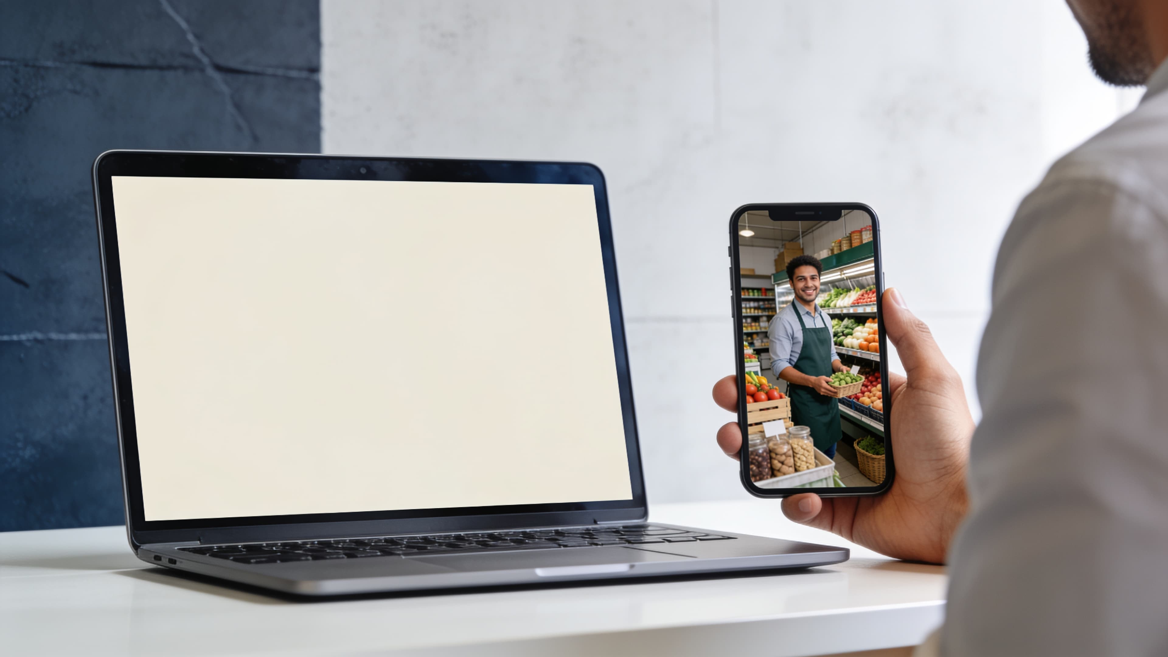 Reviewing a shop video on a phone next to a laptop