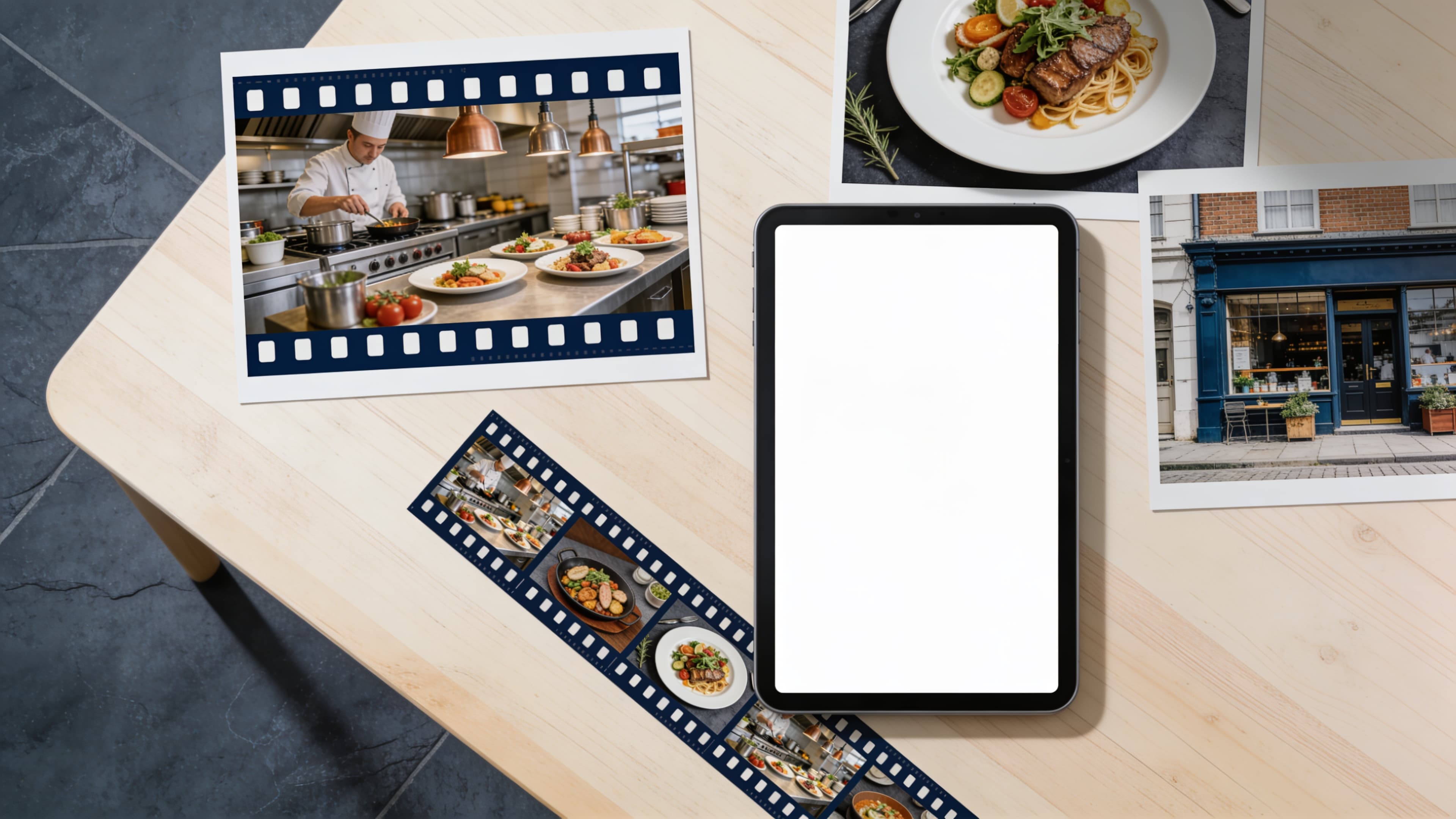Storyboard stills of a restaurant arranged on a desk