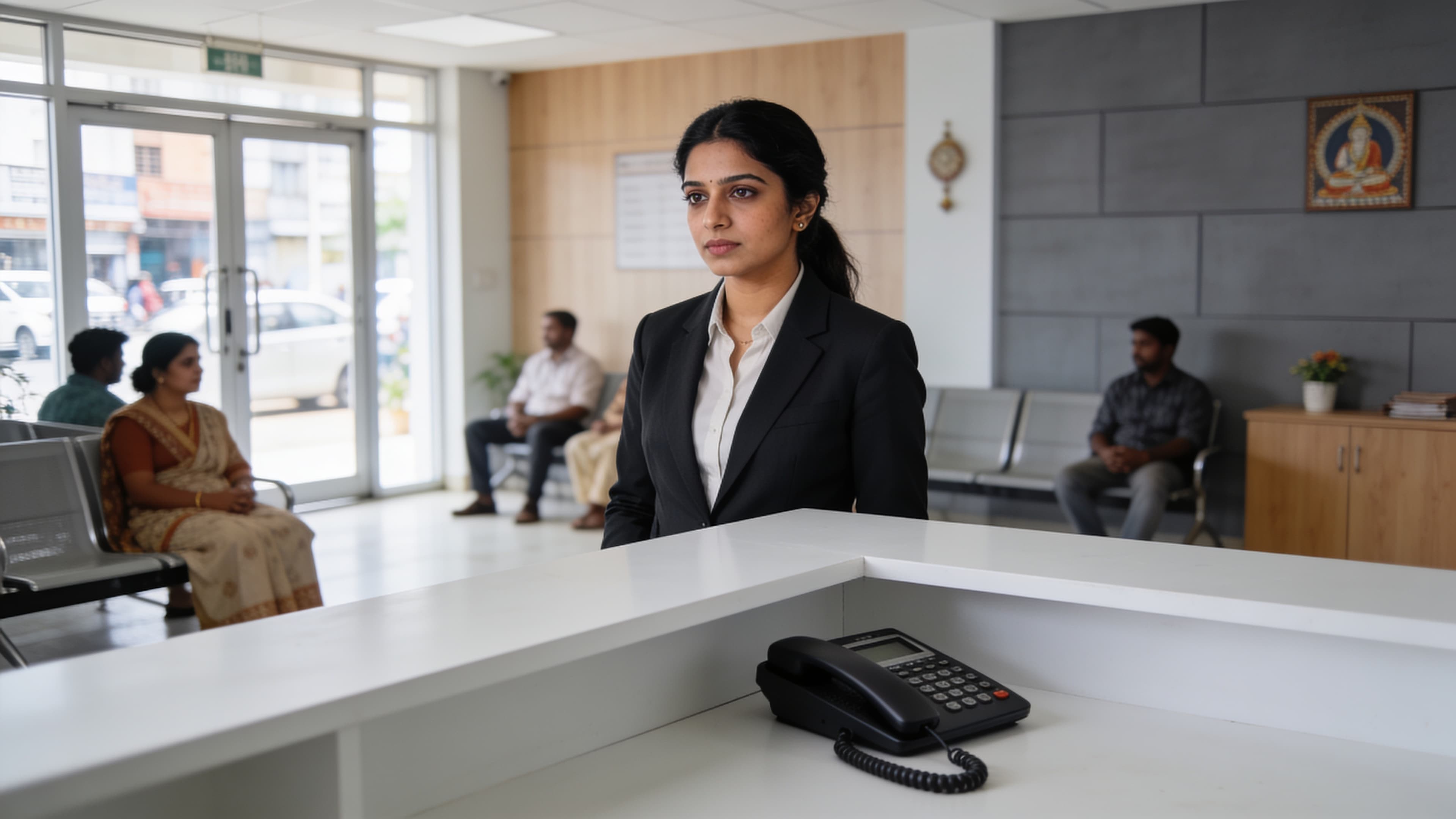 Reception desk at a modern Indian clinic with a professional front-desk associate and waiting patients