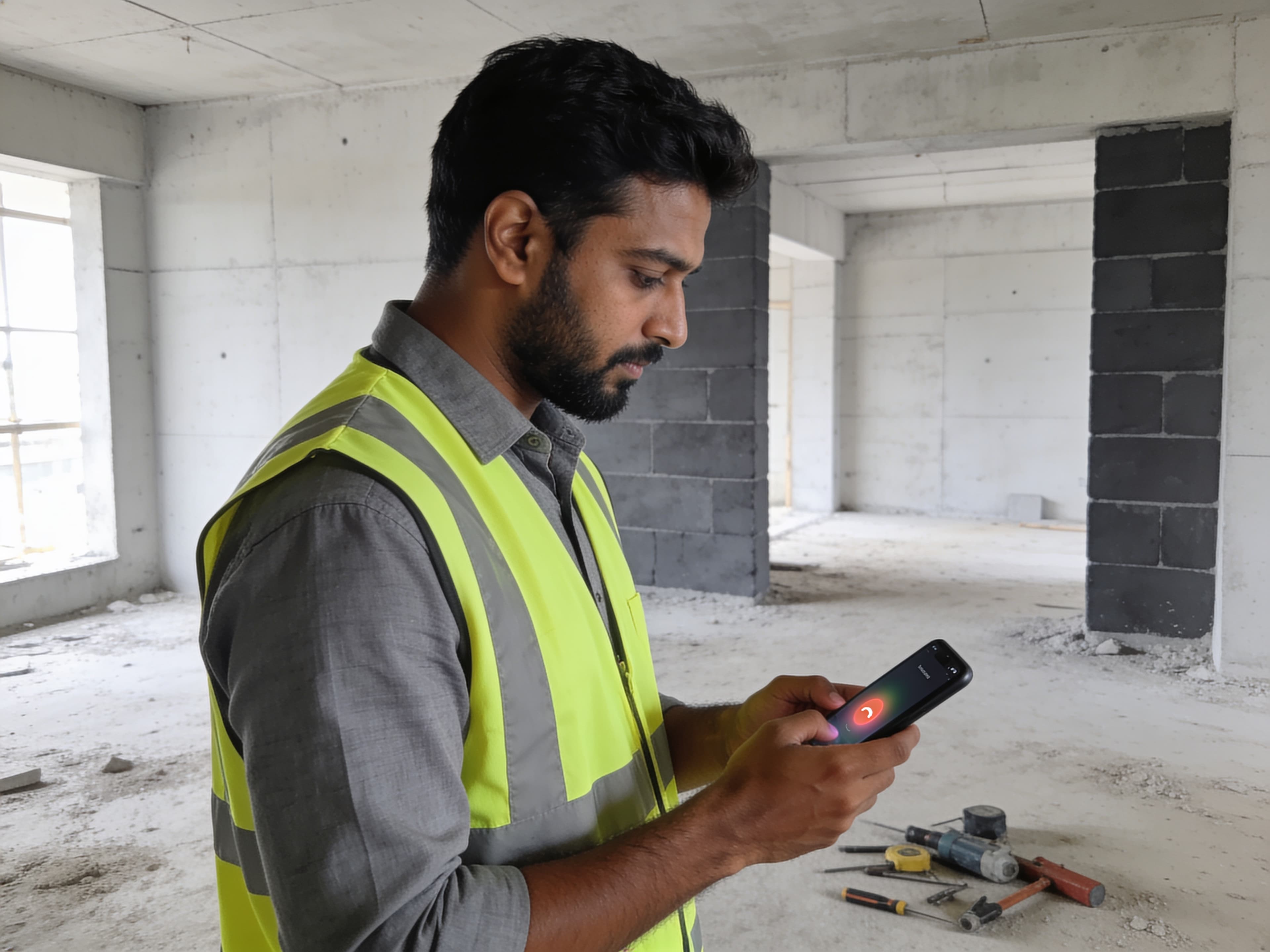 Indian contractor on a construction site checking a smartphone when he cannot answer a business call