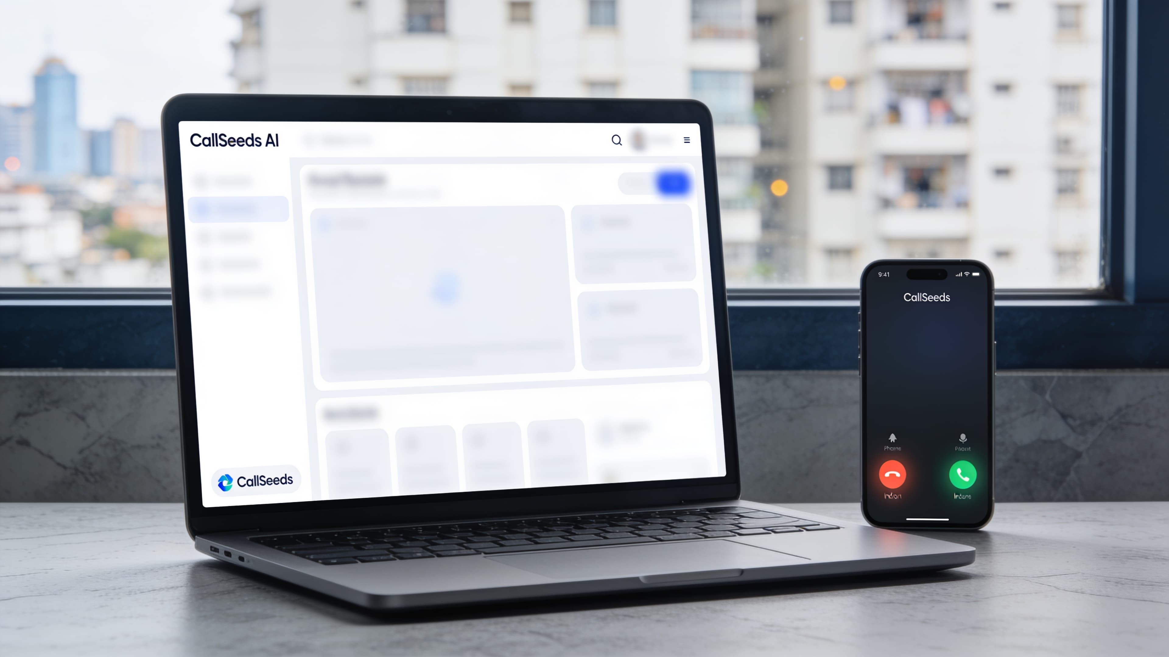 Laptop showing a CallSeeds AI phone dashboard beside a smartphone in an Indian city apartment office