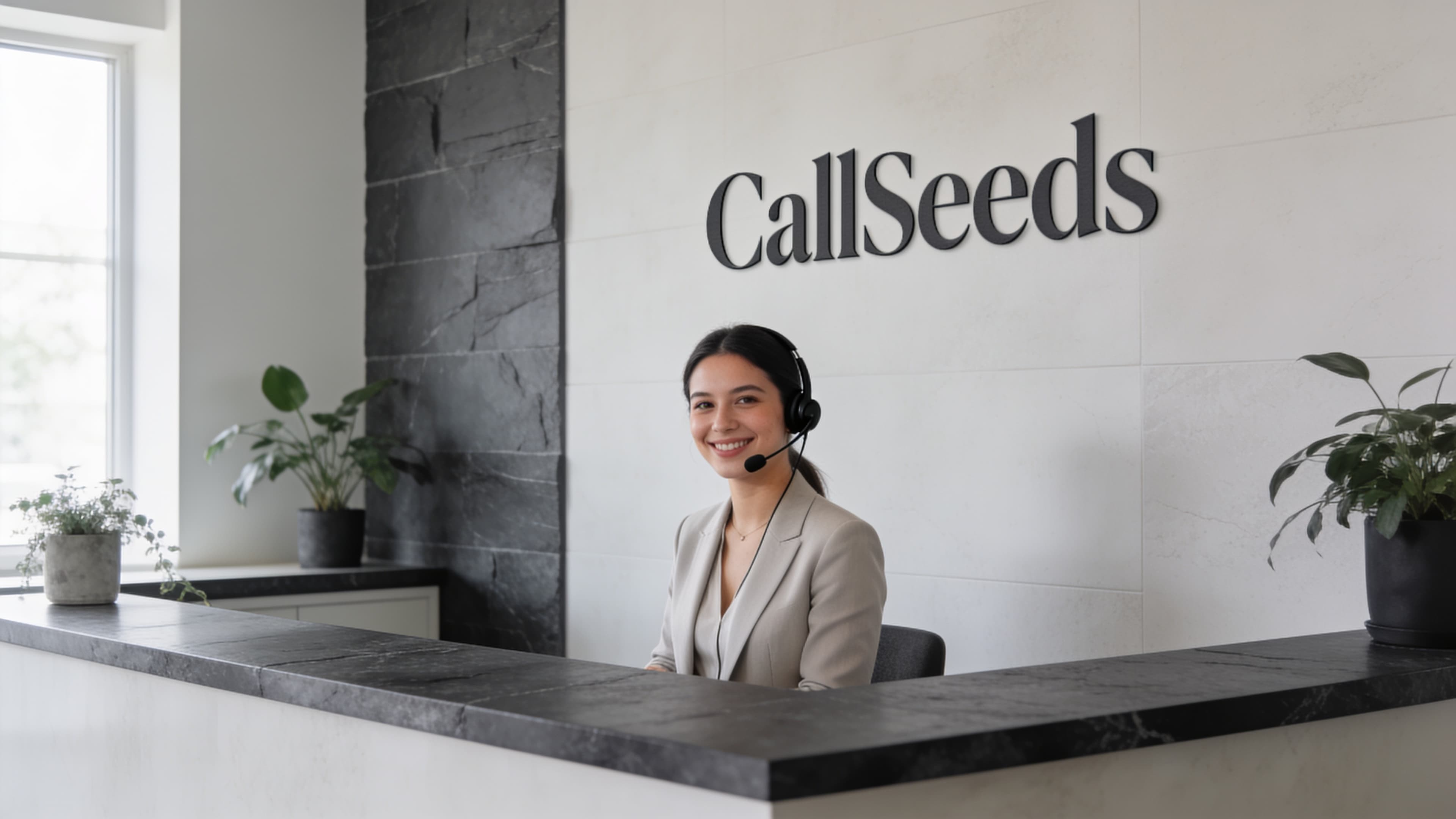 Professional receptionist at a modern boutique front desk wearing a discreet headset