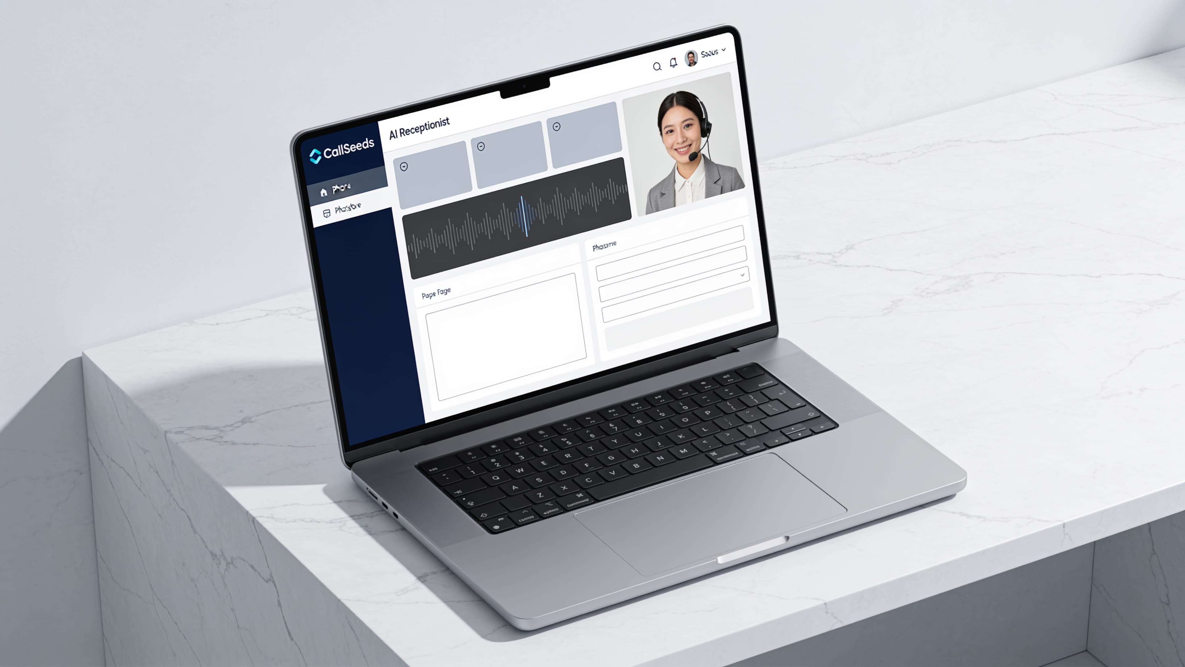 Wireframe dashboard for an AI receptionist showing calls, waveform, and lead capture panels