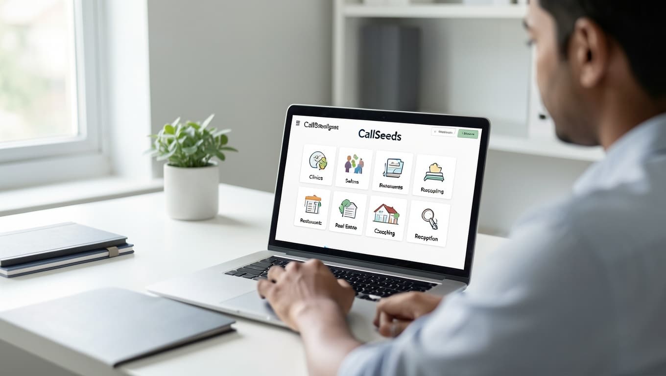 Business owner choosing a CallSeeds industry template on a laptop during AI phone agent setup
