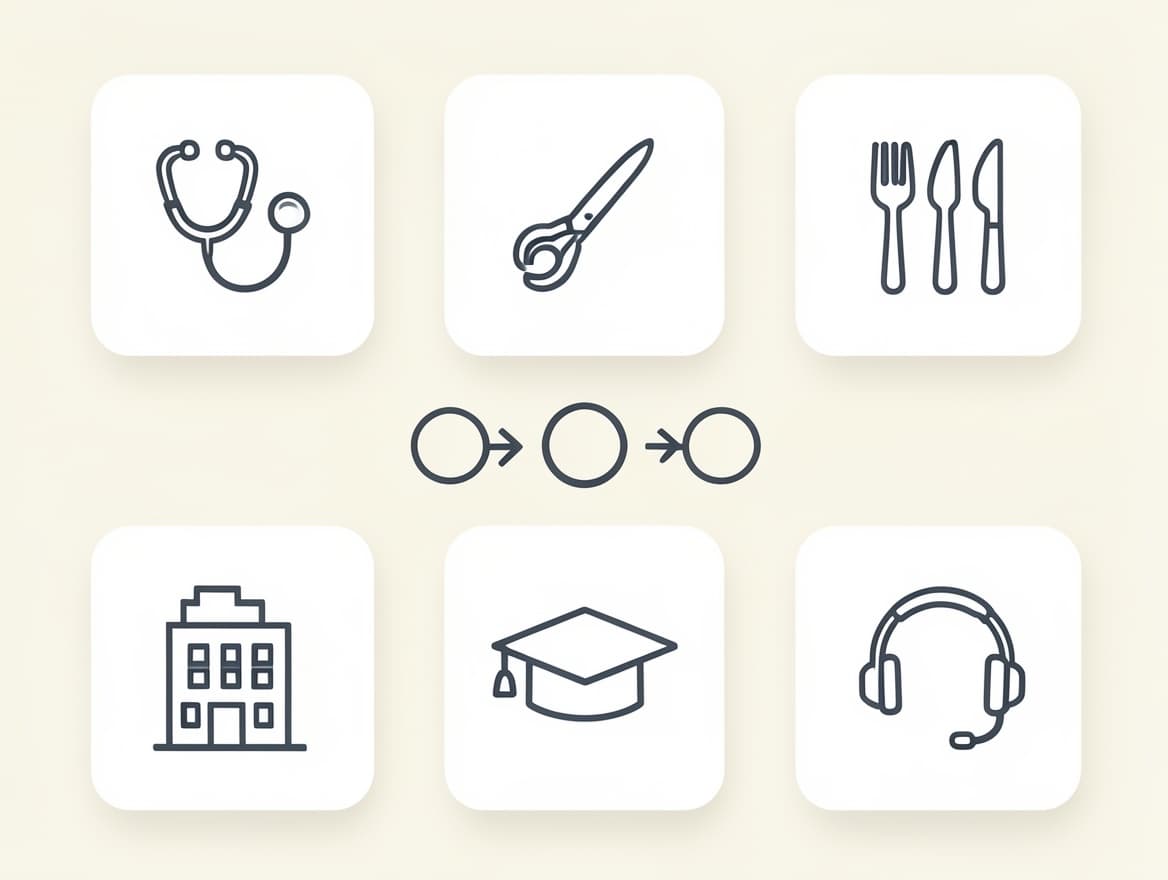 Six industry icons for clinics, salons, restaurants, real estate, coaching, and reception with a three-step setup flow