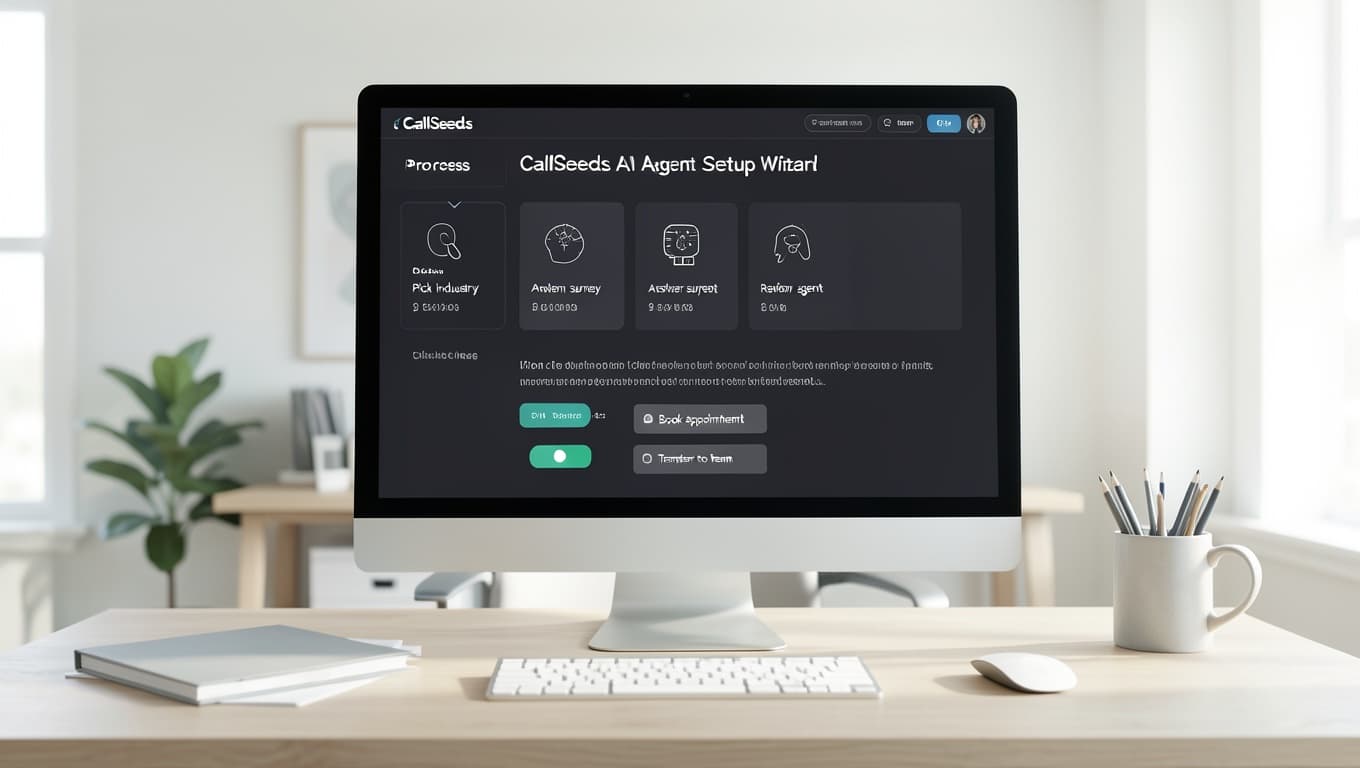 CallSeeds AI agent setup wizard on a monitor showing industry pick, survey, and review steps
