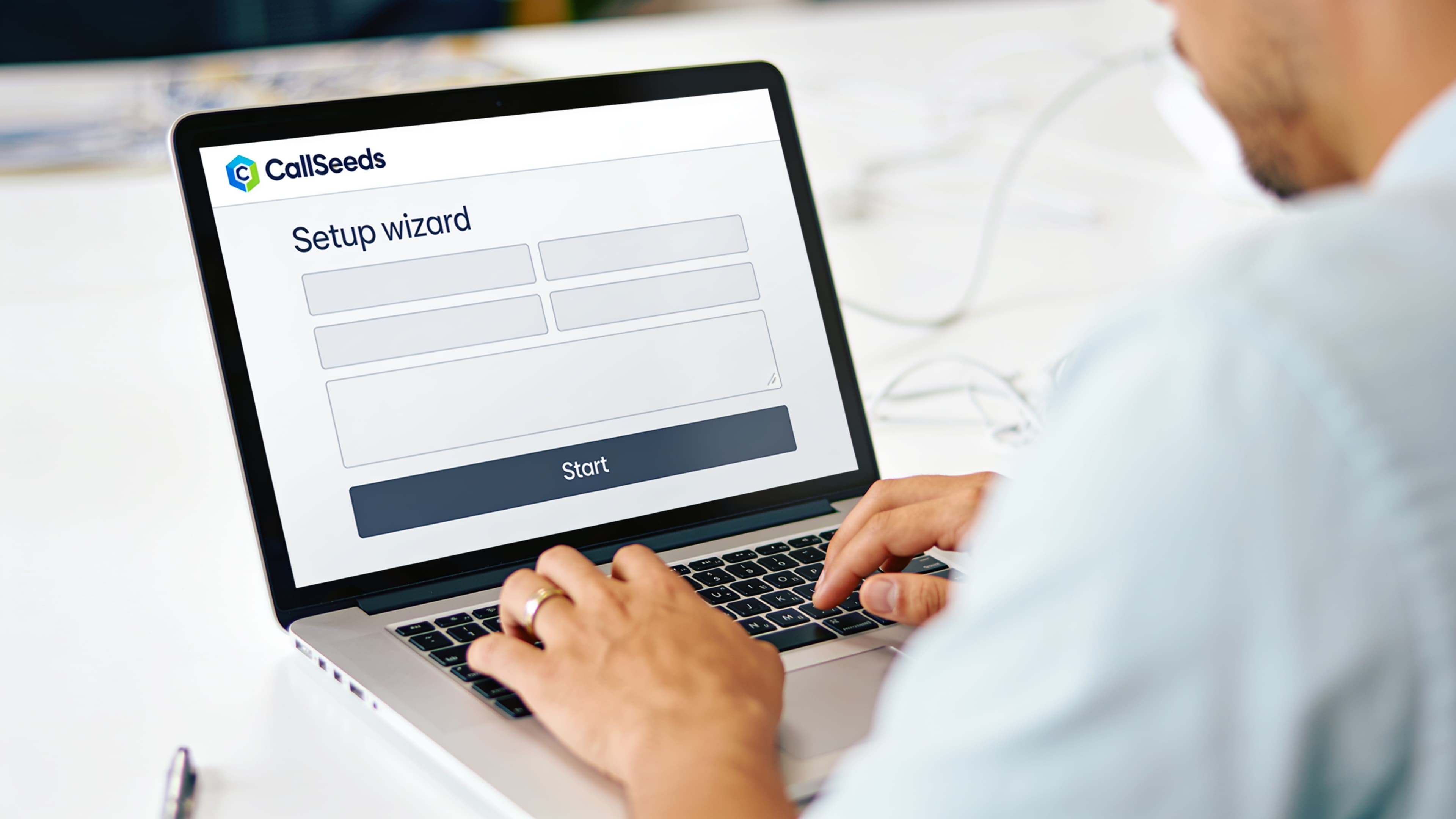 Wireframe of an AI phone agent setup wizard with progress steps and a test-call action