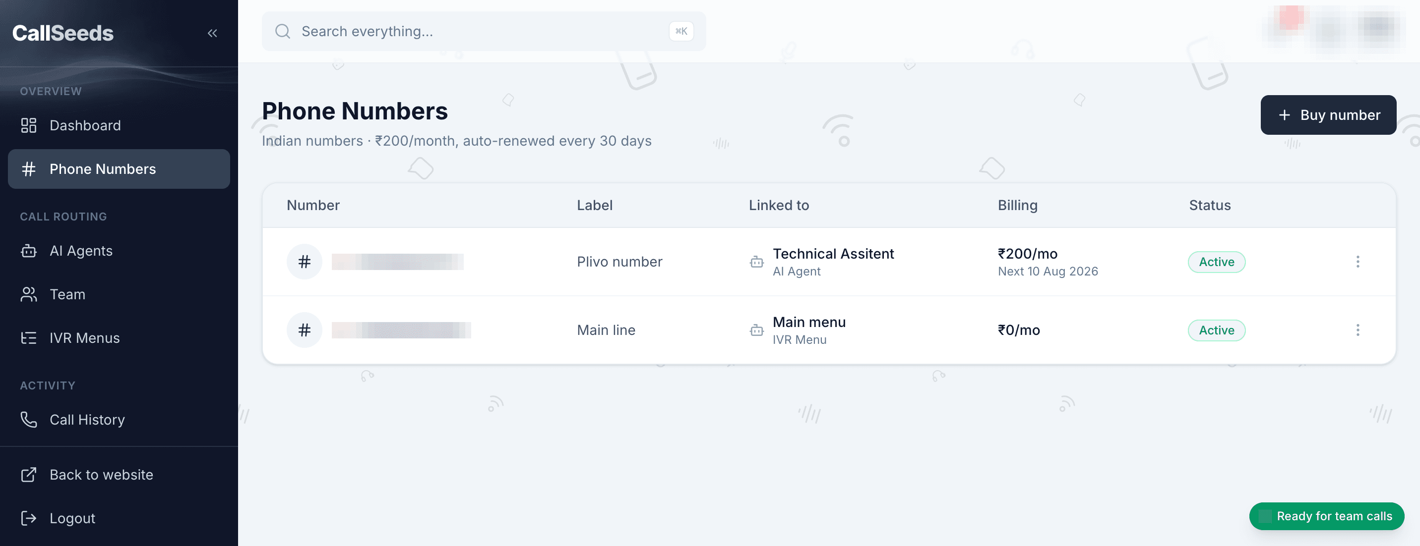CallSeeds Phone Numbers dashboard with compliance and buy actions