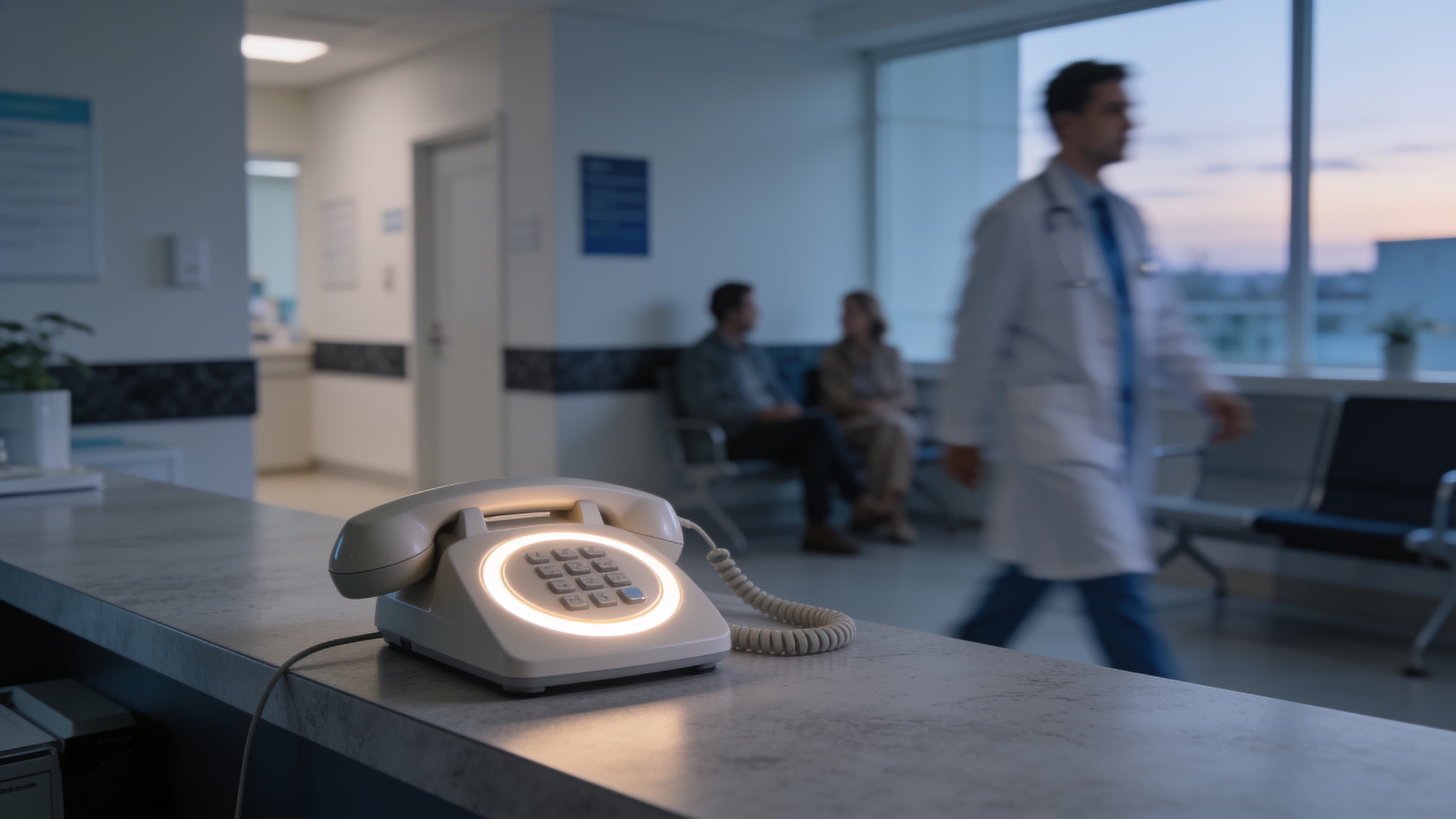 Reception desk of a modern Indian clinic with an incoming call being answered