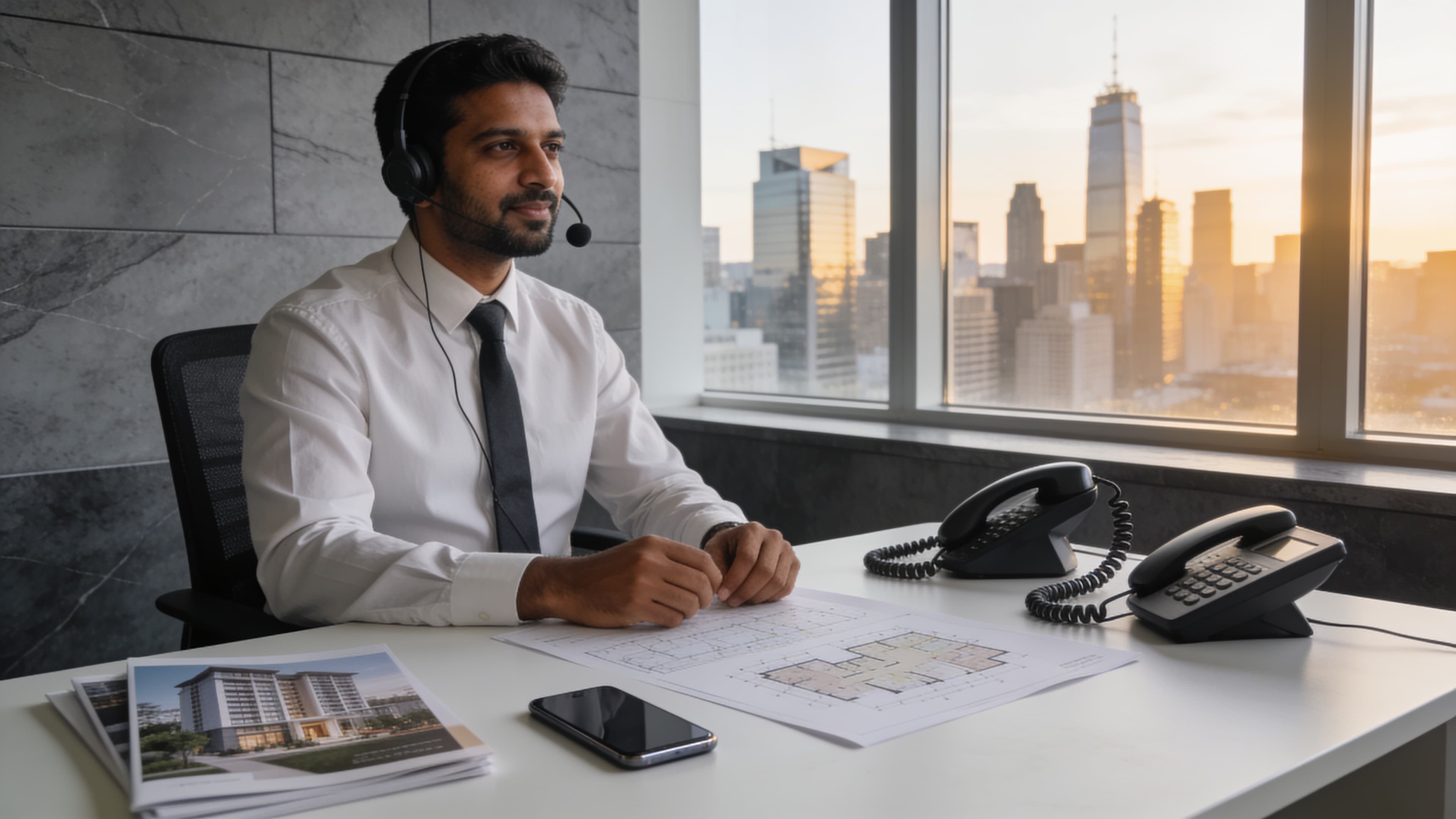 Indian real estate consultant's desk with property brochures and city skyline