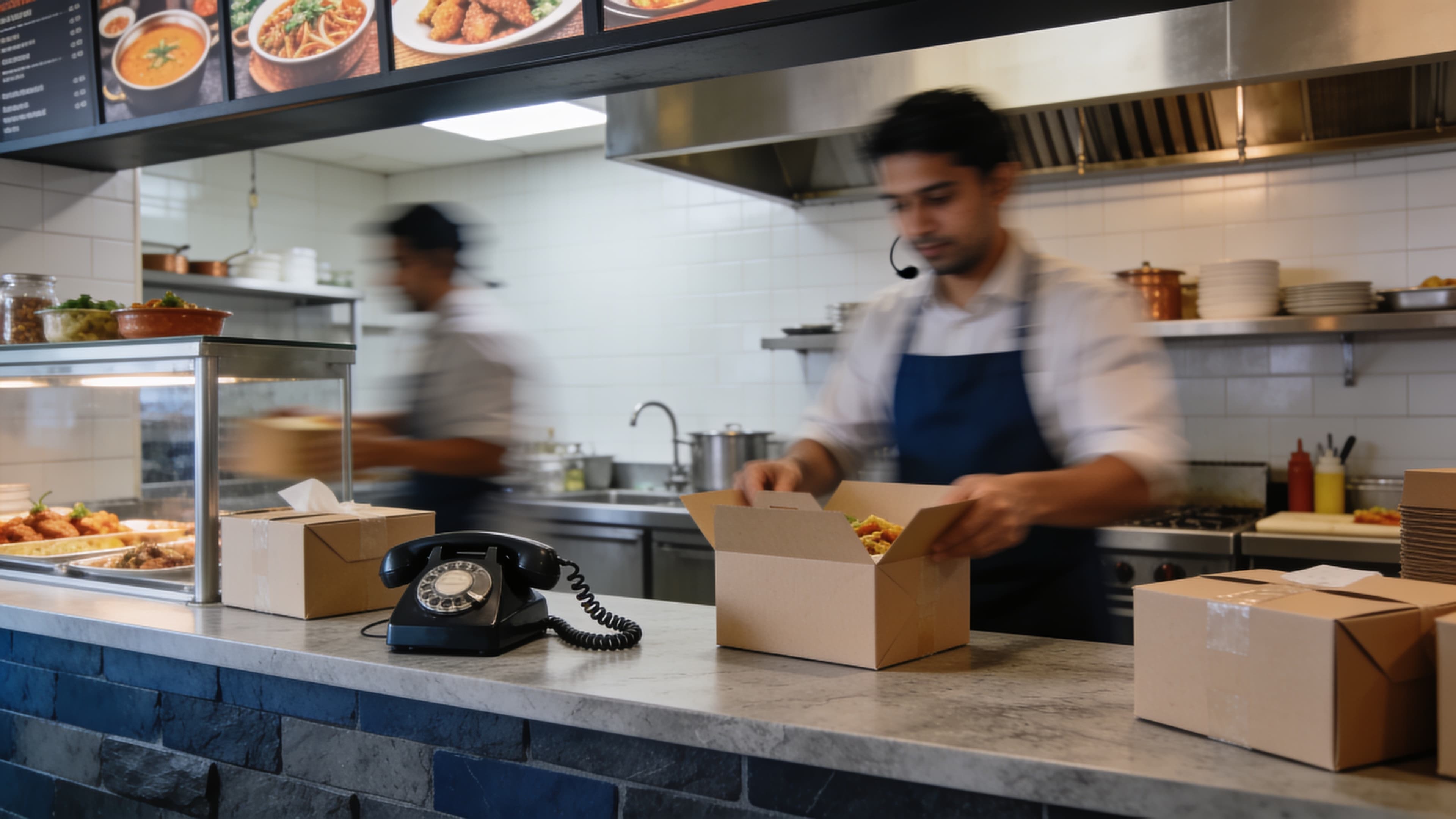 Busy Indian restaurant counter at dinner time with takeaway orders being packed