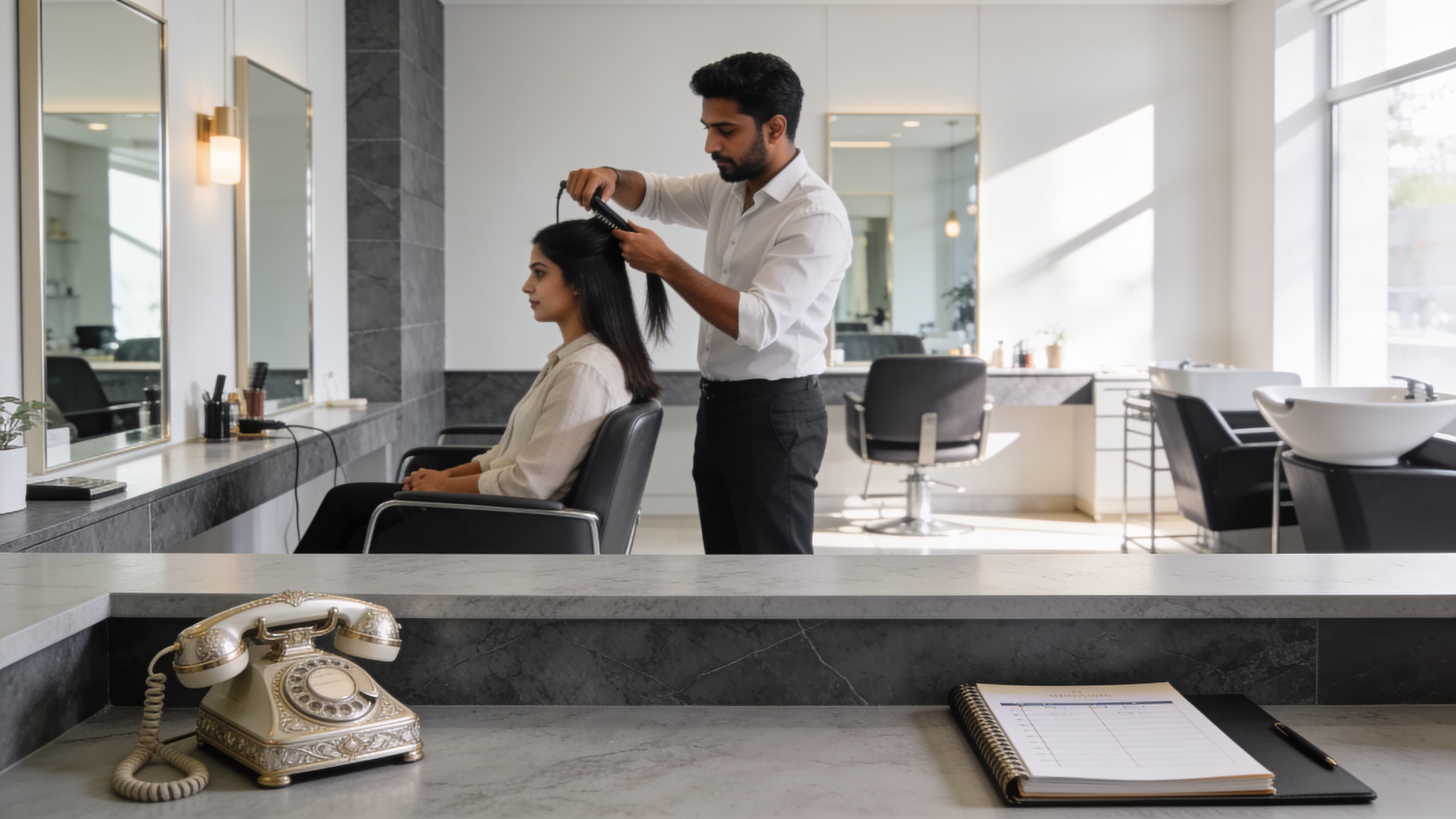 Bright modern Indian salon interior with reception counter and appointment phone