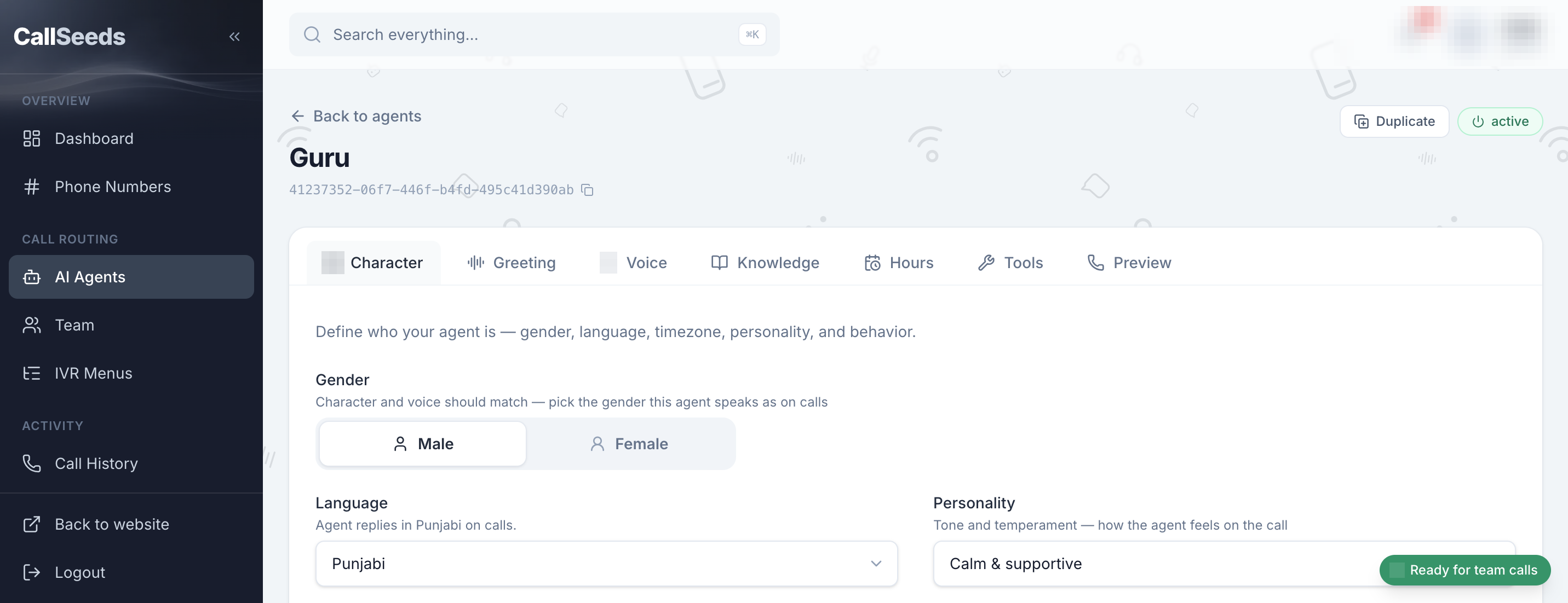 CallSeeds agent editor with voice and instructions