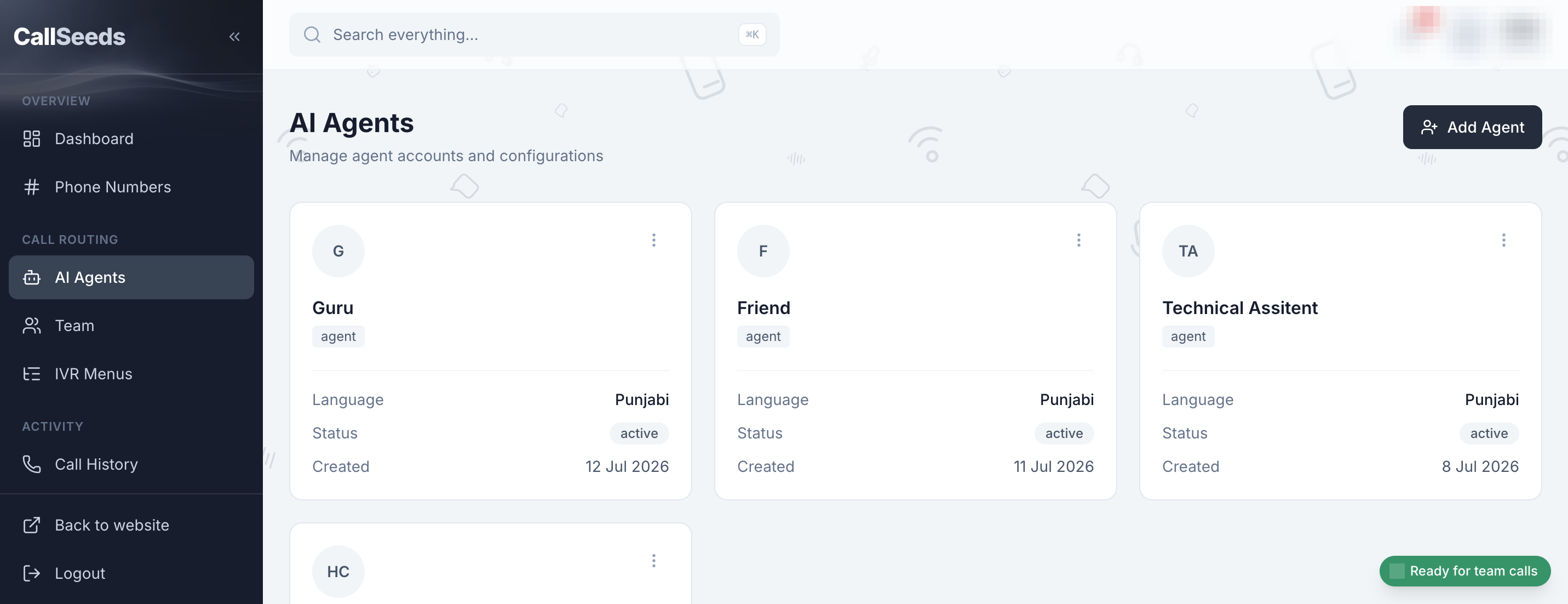 CallSeeds AI Agents list in the dashboard