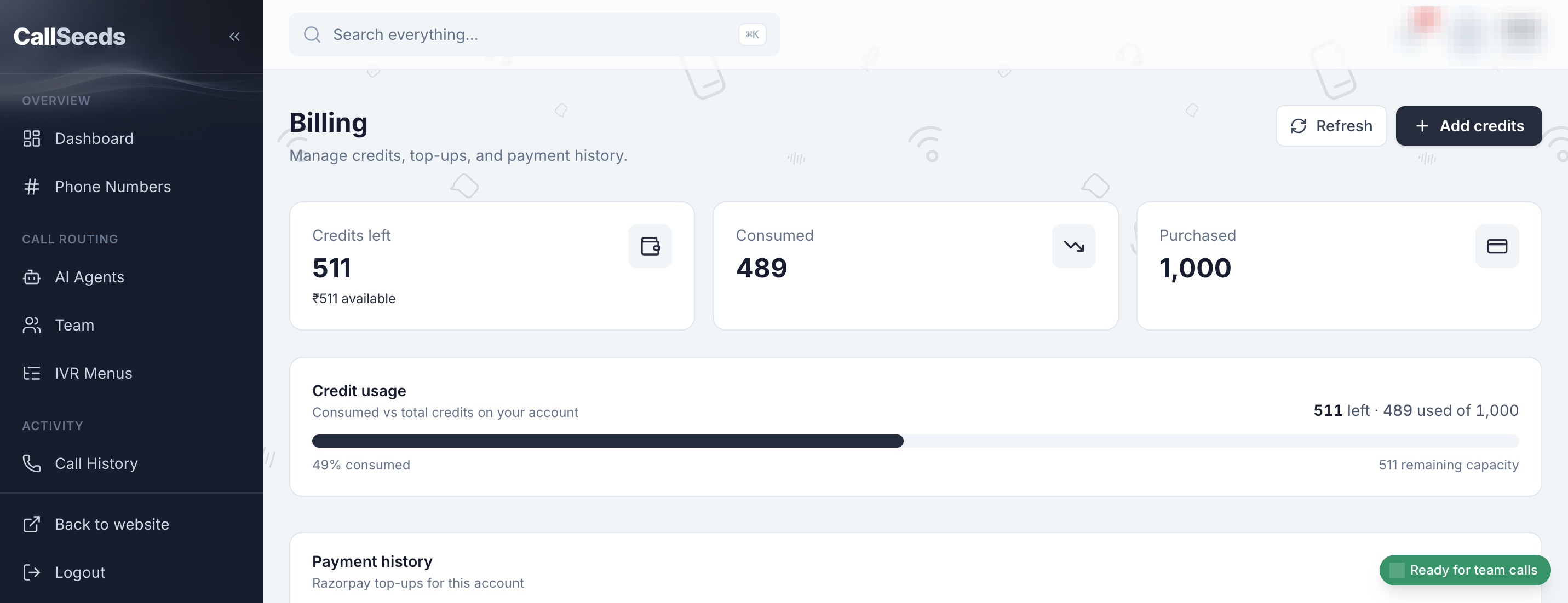 CallSeeds Billing page in the dashboard