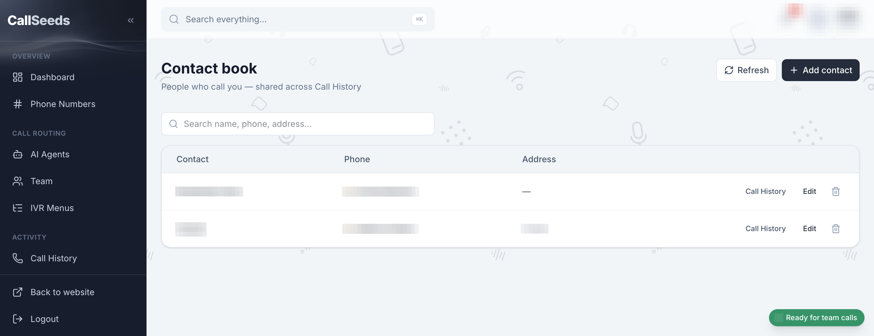 CallSeeds Contact book with callers captured from phone conversations