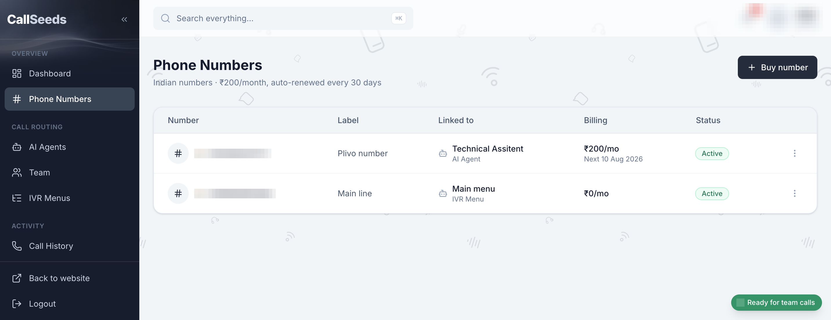 CallSeeds Phone Numbers page in the dashboard